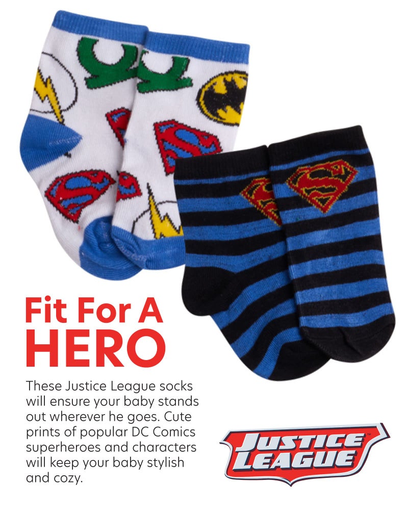 DC Comics Baby Boys/Girls 12 Pack Socks: Batman, Wonder Woman, Superman, Justice League, Super Girl, Size Age 0-6M, Green/Blue/Red Justice League - Image 3